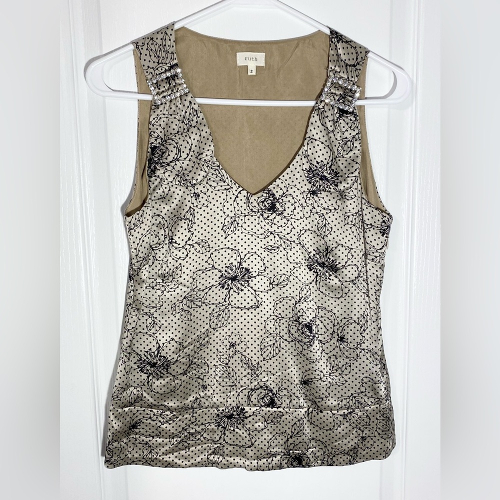 Anthro Ruth SILK Floral Crystal Buckle Shoulder Detail Sleeveless Top USA MADE 2